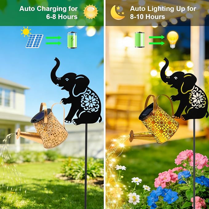 Solar Watering Can Lights, Elephant Hanging Lantern Solar Lights Outdoor, Birthday Gifts for Mom Women Mother's Day, Waterproof Garden Decor Outside Patio Yard Pathway Backyard, 2 Pack