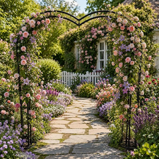 Black Heavy Duty Metal Garden Arch Trellis for Climbing Plants, Decorative Archway Wedding Arch Frame for Patio, Backyard, Patio, Lawn, Pathway (Black, Heart)