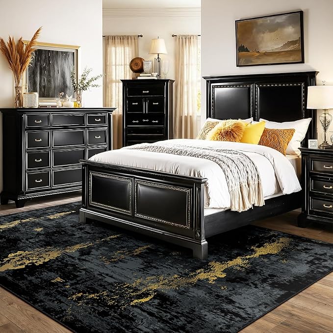 RELEANY Washable 6'x9' Abstract Area Rug for Living Room Black Gold | Carpet for Bedroom, Kitchen, Office, Hallway and Entryway, Printed Pattern, Non‑Slip, Soft, Stain‑Resistant, Easy to Clean