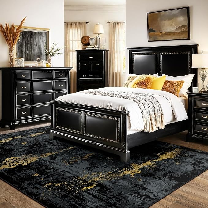 RELEANY Washable 8'x10' Abstract Area Rug for Living Room Black Gold | Carpet for Bedroom, Kitchen, Office, Hallway and Entryway, Printed Pattern, Non‑Slip, Soft, Stain‑Resistant, Easy to Clean