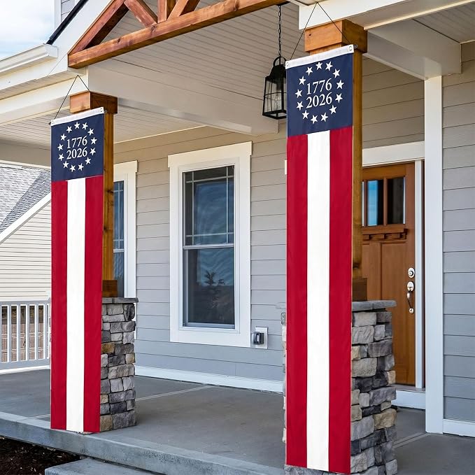 TOPFLAGS 250th Anniversary Door Decorations 20x96 Inch 2 Packs Large 1776 2026 4th of July Decorations Outdoor Hanging Betsy Ross 13 StarBunting American Banner Red White and Blue Decorations for Memorial Day Veterans Day