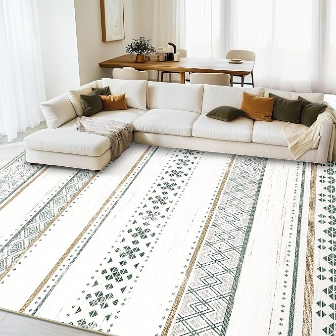 9x12 Washable Area Rugs for Living Room Boho Bedroom Rug Green/Brown | Vacuum Friendly, Machine Washable, Non-Slip Rug, Stain Resistant, Moroccan Geometric, Low Pile Carpet, Dining Room Kitchen