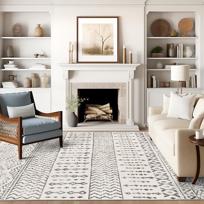 Art&Tuft Washable Rugs 8x10, Area Rugs for Living Room, Ivory | Low Pile, Soft & Lighweight, Folable, Stain Resistant Indoor Floor Mat Moroccan Carpet for Bedroom, Dining Room, Home Office