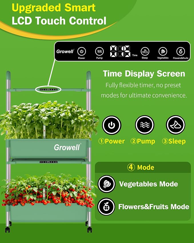 Growell 54 Pods Hydroponics Growing System Kit with Independent Water Pump | Vertical Indoor Herb Garden with 2 Light Modes & 2 Timer, Smart Water Circulation, 28L Water Tank, Movable & Space-Saving