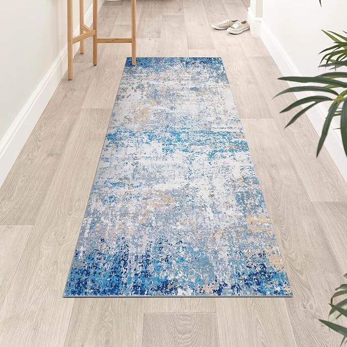 ROYHOME Modern Abstract 2x7 Runner Rug, Blue/Grey | Washable Non Slip Stain Resistant Rug for Hallway Kitchen Bedroom Non Shedding Low Pile Indoor Floor Cover