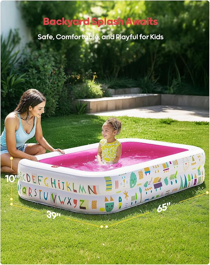 QPAU Kiddie Pool, Alphabet and Number Design, 65 x 39 in, Pink | Inflatable Design with Soft Floor, Converts to a Ball Pit for Kids and Toddlers, for Indoor and Backyard Play