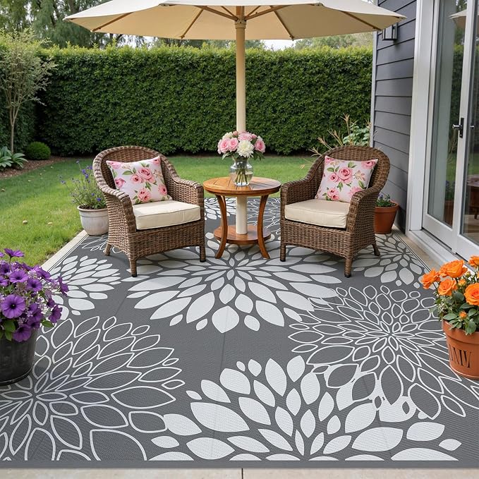 Ileading Waterproof Outdoor Rug 9x12, Reversible Plastic Straw Patio Rug, Portable Indoor Outdoor RV Camping Mat Carpet for Deck, Porch, Balcony, Backyard, Picnic, Floral Grey