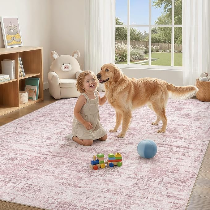 Nakagishi 6X9 Abstract Washable Area Rugs for Living Room-Pink | Modern Non-Slip Silicone Backing Low Pile Soft Carpet for Bedroom Dining Decor Ideal for Families with Kids and Pets