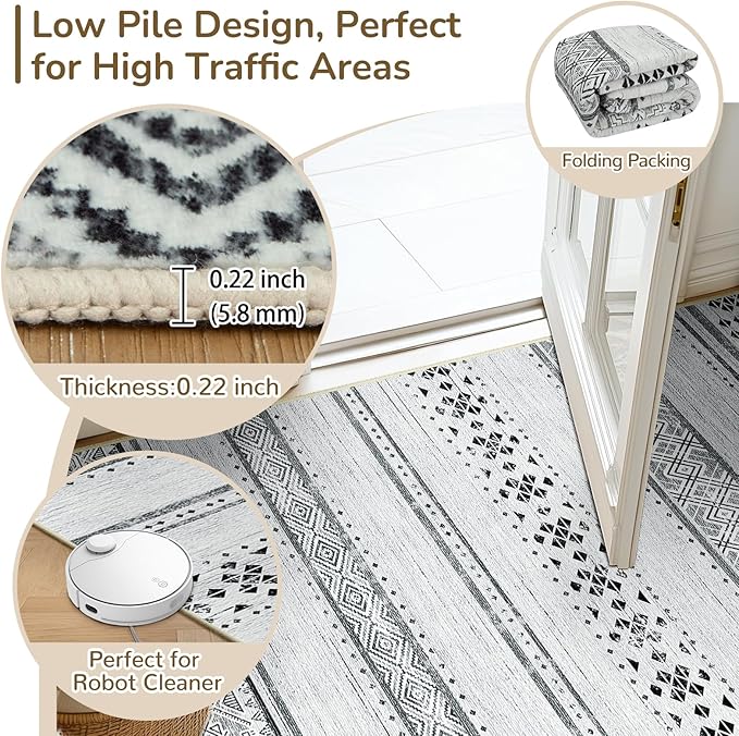 6x9 Area Rugs for Living Room Washable Moroccan Farmhouse Neutral Geometric Low Pile Non-Slip Soft Print Pattern Rug for Bedroom Kitchen Dining Room Entryway Grey/Black/Navy | Vacuum Friendly, Machine Washable, Non-Slip Rug, Stain Resistant, Moroccan G...