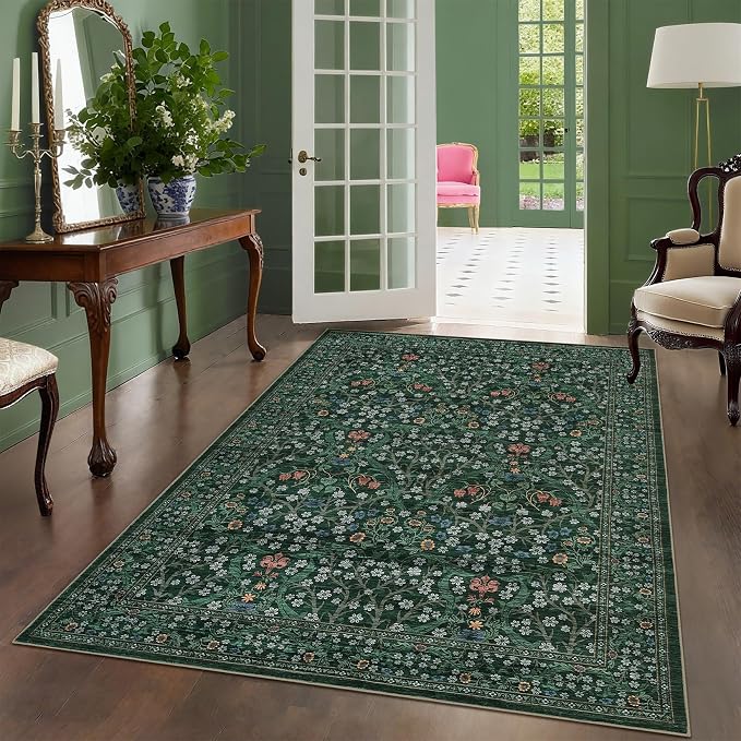 GarveeHome Floral Area Rugs 5x7, Washable Rug for Living Room, Bedroom, Low Pile Non Slip Stain Resistance Indoor Boho Carpet Mat for Farmhouse, Dining Room, Office, Dark Green