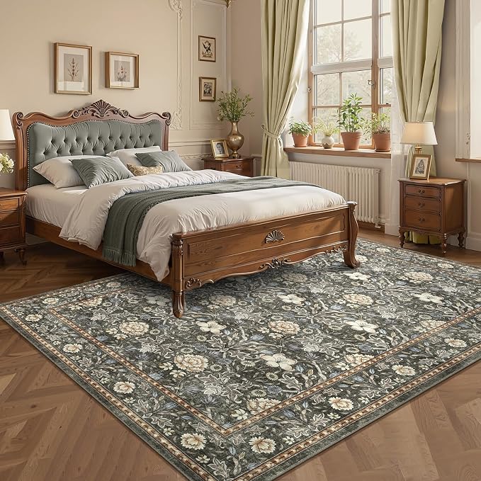 GarveeHome Large Area Rugs 9x12 for Living Room, Retro Floral Washable Rug Soft Non Slip Floor Mat Carpet Indoor Thin Accent Rug for Bedroom Dining Room Playroom Nursery Home Decor