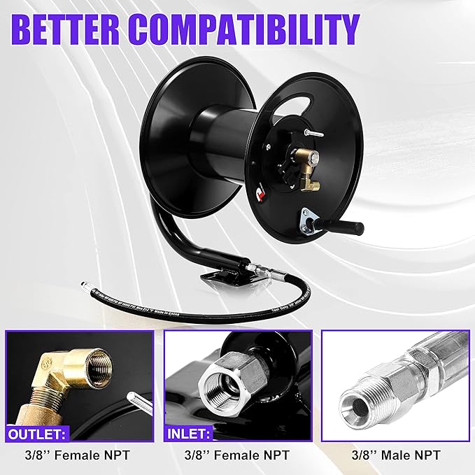 Tool Daily Pressure Washer Hose Reel 150FTx3/8" / 300FTx1/4", 4000 PSI | Heavy Duty Power Washer Hose Reel for Water, Hand Crank Steel Reel with Wall/Floor/Van Mount