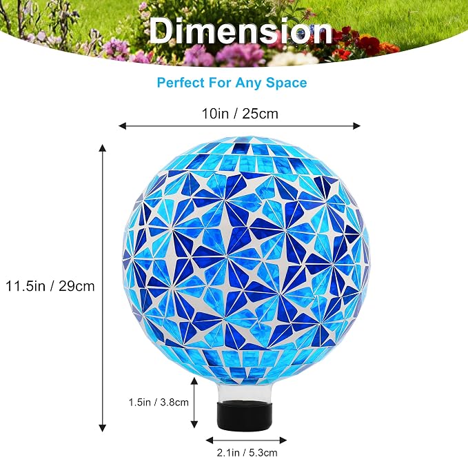 SAVENNA Mosaic Garden Gazing Ball 10 Inch, Glass Decorative Sphere for Indoor & Outdoor Garden, Patio, Home & Yard, Blue Geometric Star Pattern