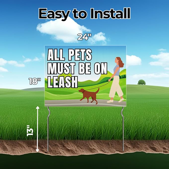 All Pets must be on leash Yard Sign by DC | 24"x18" Double Sided Pets Garden Sign with 13” Metal Stakes | Outdoor Signs Waterproof for Lawn, Patio, Sidewalk & House | Set of 2 | Made in USA