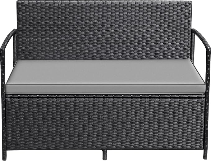 Greesum Patio Loveseat PE Rattan Wicker Outdoor Furniture with Soft Cushions & Built-in Storage Space for Lawn Garden Backyard, Black