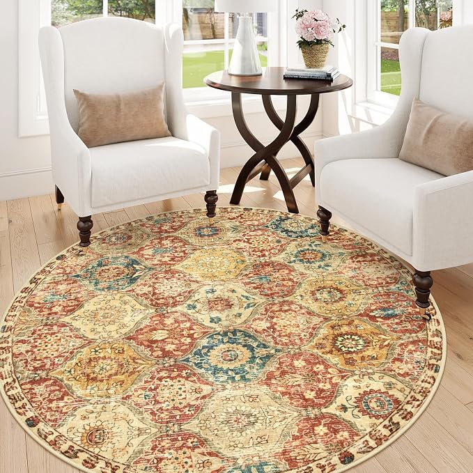 Lahome Moroccan Washable Round Rugs, Non-Slip Soft Round Rug 4ft Ultra-Thin | Trellis Small Vintage Circle Carpet for Entryway Kitchen Bedroom Nursery Bathroom Elise, Red Orange