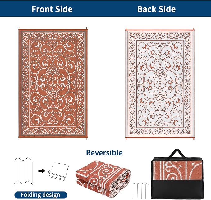 Garvee 9x12 Outdoor Rug for Patio Plastic Straw Rug Waterproof Reversible Mat Lightweight Foldable Carpet Easy Clean Large Rugs for Patio Porch Backyard Camping RV Beach Balcony Deck Vintage Orange