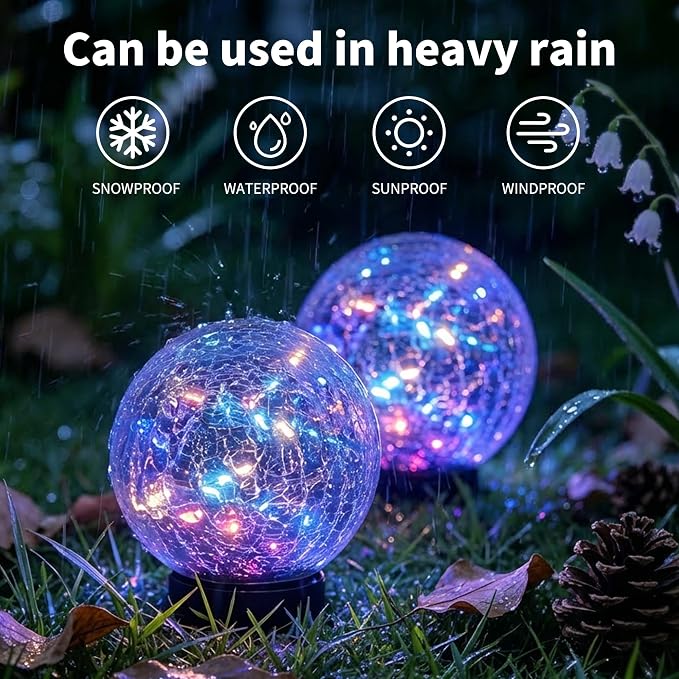 HOTEAGLE Solar Globe Lights Outdoor Waterproof-Large 2-Pack LED Solar Balls Lights for Outside Garden-Cracked Glass Ball Solar Lights for Garden Patio & Lawn Backyard Decor (Polychrome, 5.9 inch)
