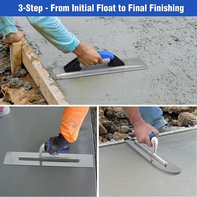 16" Concrete Hand Tools Set – 16" x 3-1/2" Widened Magnesium Float, 16" x 4" Stainless Steel Flat Concrete Finishing Trowel and Pool Trowel, Storage Bag for Slab, Patio, Sidewalk Finishing