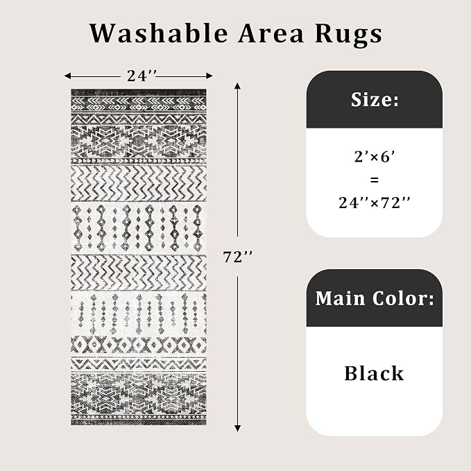 Art&Tuft 2x6 Runner Rug Non Slip, Washable Rug Runners for Hallways,Black | Low Pile, Moroccan Soft & Lighweight, Folable, Stain Resistant 6ft Carpet Runners for Entryway,Kitchen,Living Room,Bedroom