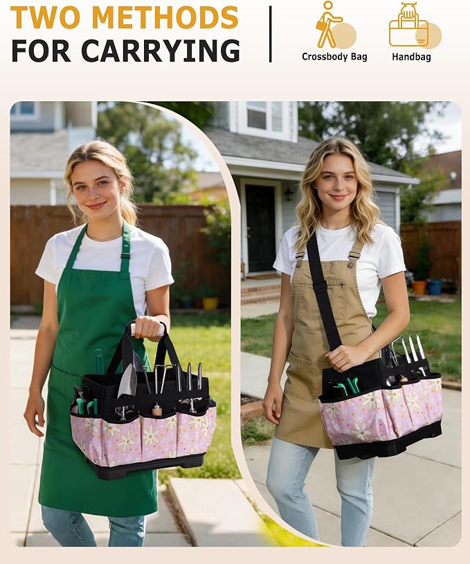 Marscamd Garden Tool Bag with Hard Bottom, Garden Tote with Shoulder Strap and Multiple Pockets (No Accessories Included), Pink Sunflower