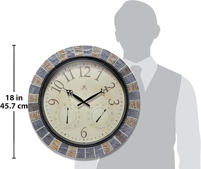 Infinity Instruments Inca II 18 inch Outdoor Clock Thermometer Combo Patio Waterproof Large Wall Weather Station Weatherproof Designer Faux Stone Mosaic Decorative Outdoor Wall Clock
