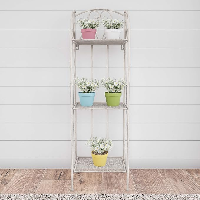 Plant Stand 3-Tier Vertical Shelf Indoor or Outdoor Folding Wrought Iron Home Garden Display with Laser Cut Shelves by Pure Garden (Antique White)