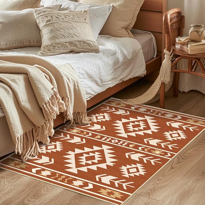 Western Area Rug 3x5 for Living Room Bedroom, Southwestern Aztec Tribal Area Rugs Southwest Navajo Machine Washable Rug Non-Slip Printed Low-Pile Floor Carpet for Kitchen Bathroom, Yellow Brown