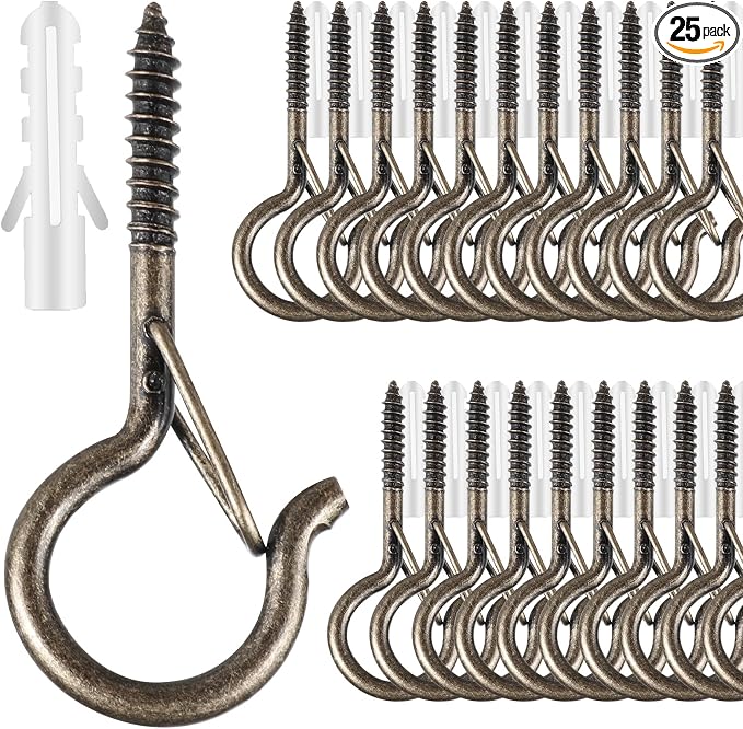 FSAH 25 PCS Screw-in Hooks for Outdoor String Lights, Q Hangers Hooks Outdoor for Outside, Swivel Hanging Basket Patio Light Hooks with Safe Buckle Screw in Planter Eye Hook for Wall Ceiling, Copper