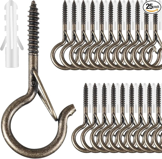 FSAH 25 PCS Screw-in Hooks for Outdoor String Lights, Q Hangers Hooks Outdoor for Outside, Swivel Hanging Basket Patio Light Hooks with Safe Buckle Screw in Planter Eye Hook for Wall Ceiling, Copper
