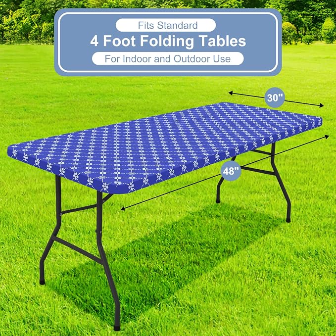 misaya Rectangle Vinyl Table Cloth, Elastic Fitted Tablecloth with Flannel Backing, Waterproof Plastic Table Cover Fits 4 Foot Folding Tables for Picnic, Camping, Indoor and Outdoor (Blue, 30" x 48")
