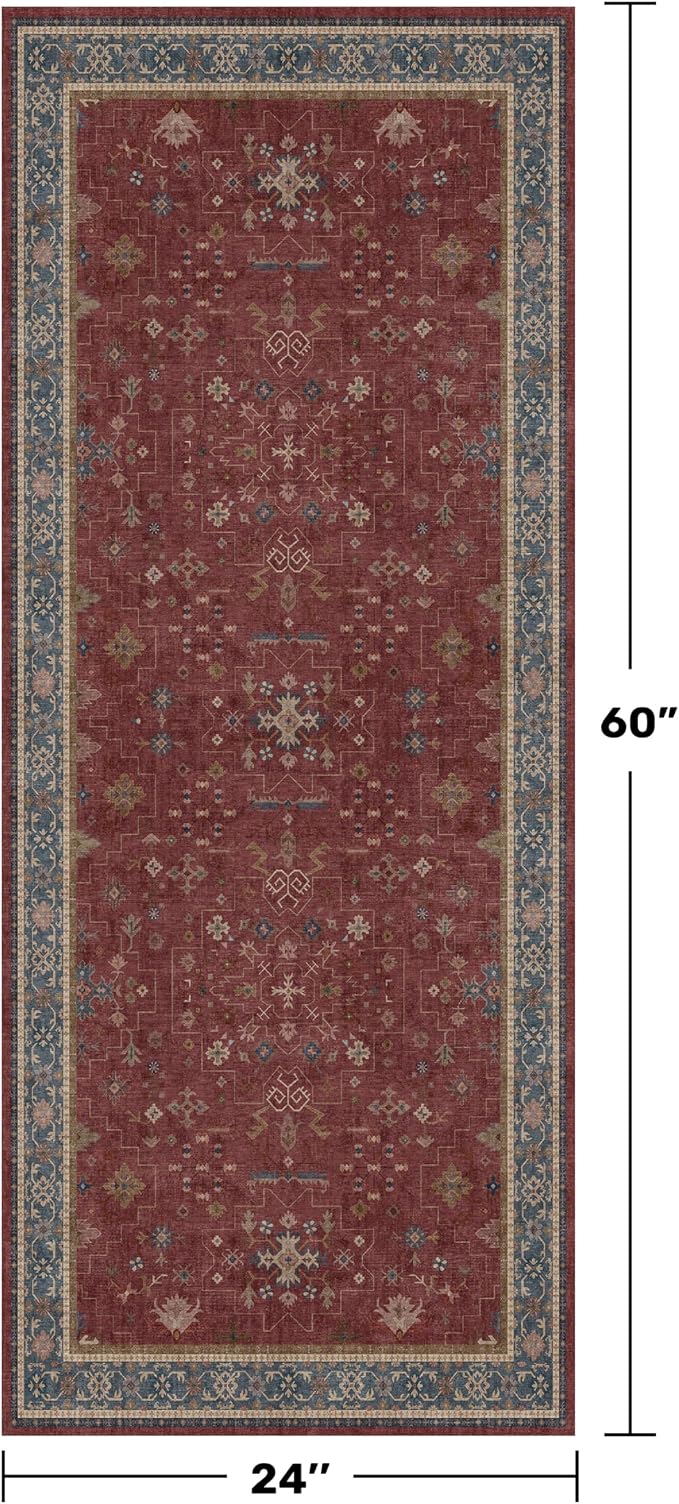 Boho 2x5 Small Kitchen Runners Rugs Non Slip - Washable Soft Area Rugs for Bedroom, Floral Non Skid Runner Carpet for Bathroom, Laundry Room, Hallway, Entryway (Dark Red)