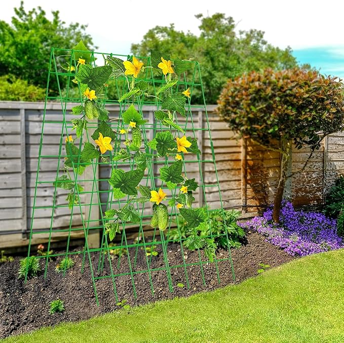 DoCred Cucumber Trellis, 59" H 2 Pack Metal Foldable Upgraded A Frame Garden Trellis for Raised Bed Climbing Plants, Vegetables, Including Plant Support Clips, Twist Ties, Plastic Ties, Green