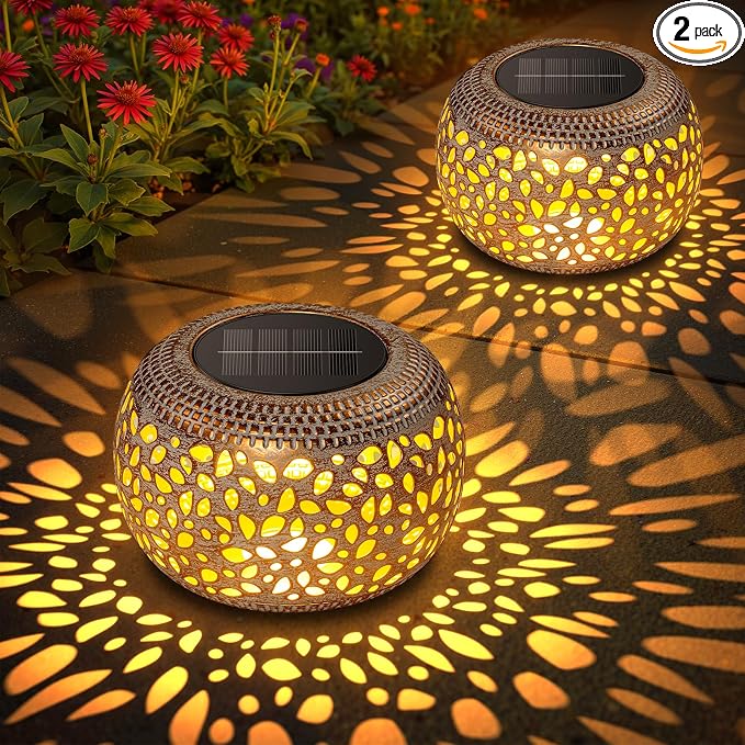 Solar Lanterns Outdoor Waterproof: 2 Pack LED Lamps for Patio - White Hollowed-Out Metal Retro Solar Light Decor Gift for Women Mom Mothers Day Yard Garden Balcony Indoor Desk Tabletop Decorations