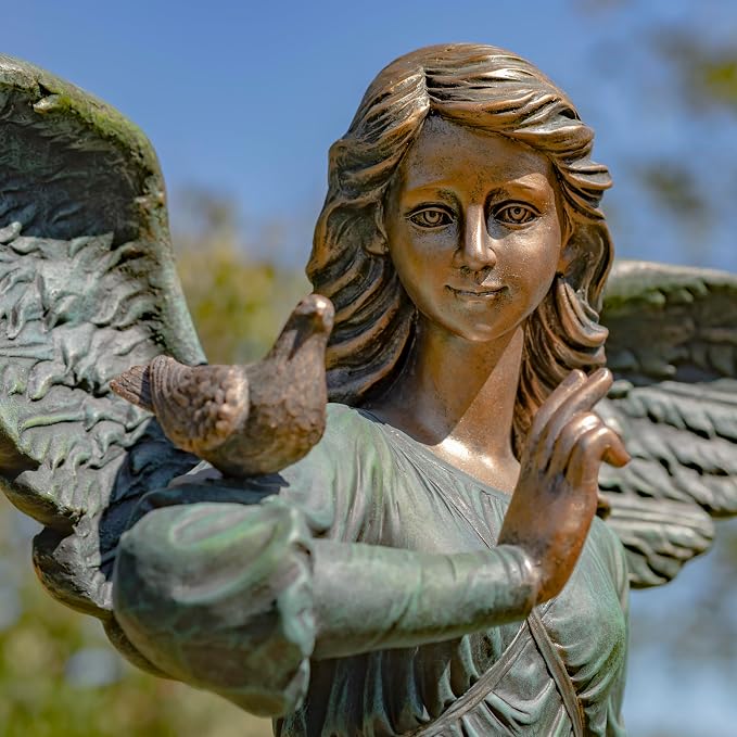 Zaer Ltd. 46" Tall Magnesium Angel Statue with Billowing Dress and Bird Perched on Shoulder in Antique Grey Maria (Antique Bronze)