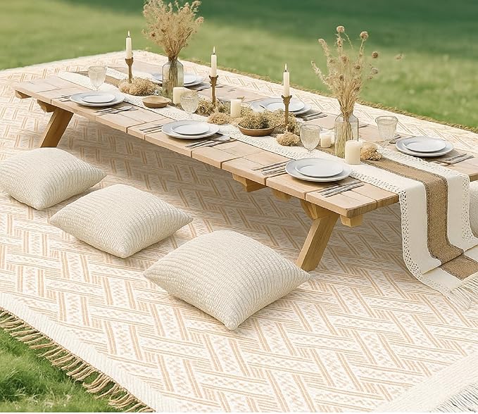 Beeveer Extra Large Outdoor Boho Picnic Blanket 118'' x 71'' Beige White Table Runner 6 Throw Pillow Cover Woven Cotton Yarn Oversize Beach Blanket Washable for Picnic Camp Wedding
