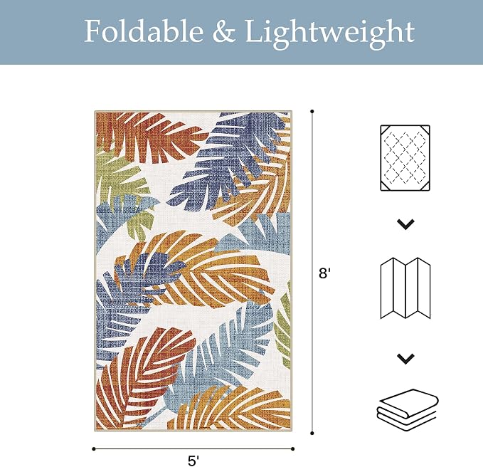 GENIMO Outdoor & Indoor Area Rug 5'x8', Waterproof, Non-Shedding, Easy Cleaning, Leaf Mat for Patio, Living Room, Balcony, Dining Room, RV, Deck, Bedroom, Camping, Outside Carpet, Tropical Rust