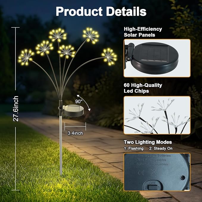 Solar Garden Lights Outdoor, Upgraded Solar Swaying Starburst Light Waterproof with 2 Modes, Solar Fairy Firework Lights for Yard Patio Pathway Flowerbed Balcony Garden Decoration (Warm White, 2 Pack)