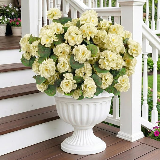 24 Pcs Artificial Geranium Flowers for Outdoor, UV Resistant Geraniums Artificial Flowers Realistic Faux Flowers Outdoor for Planters Outside Porch Garden Decor (15.3", White)