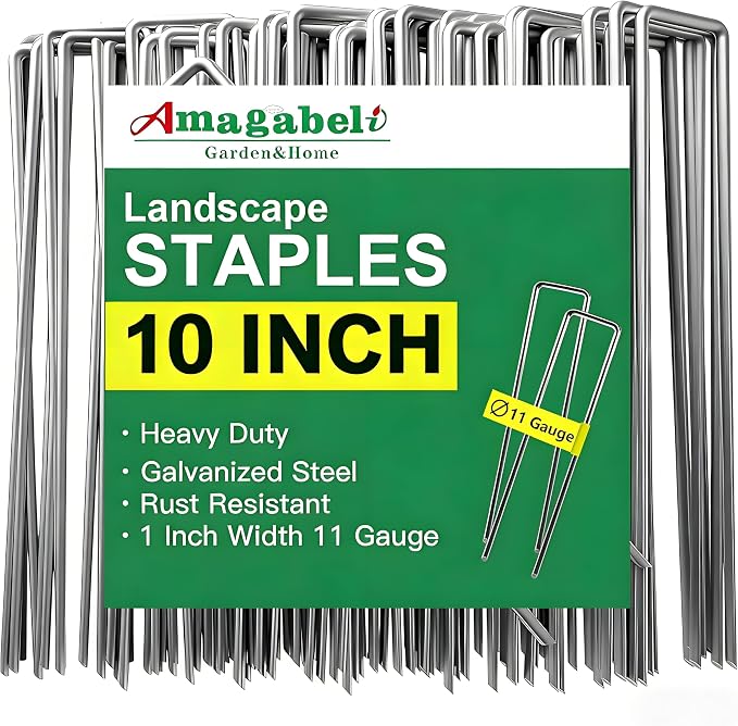 AMAGABELI GARDEN & HOME 300 Pack Galvanized Landscape Staples 10 Inch 11 Gauge Garden Staples Garden Stakes Plant Cover Stakes U-Shaped Landscape Stakes Landscape Pins for Weed Barrier Fabric