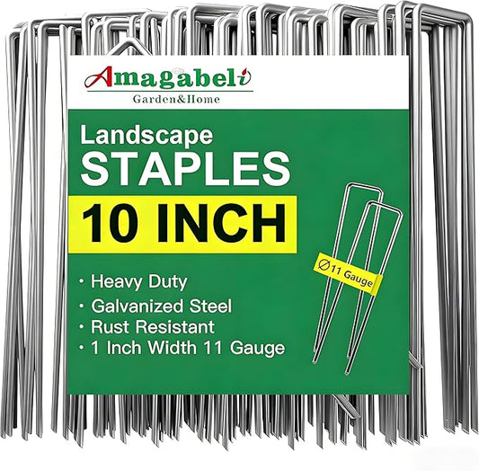 AMAGABELI 10 Inch 200 Pack Galvanized Landscape Staples 11 Gauge Anti-Rust Heavy Duty Garden Stakes Plant Cover Spikes U-Shaped Sod Pins Fence Stakes for Weed Barrier,Irrigation Tubing,Decoration