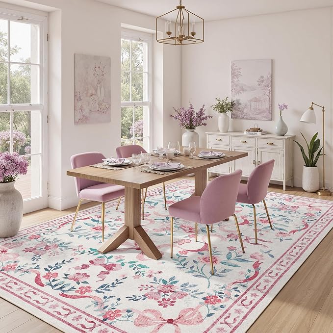DCX Washable 8x10 Bow Rug, Pink Floral Rug for Girls’ Bedroom, Cute Soft Low Pile Indoor Décor Carpet, Kid & Pet Friendly Nursery Rug for Living Room, Dorm, Playroom