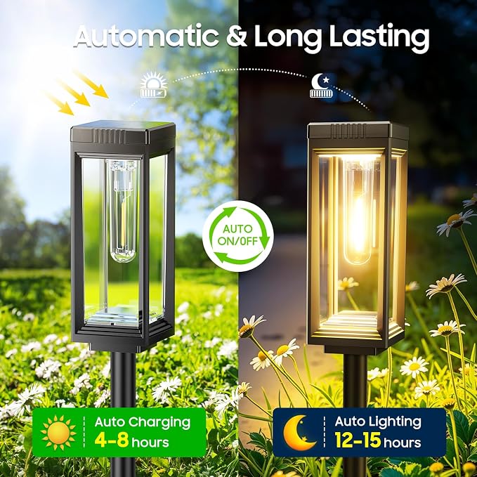 4 Pack Tall Solar Pathway Lights Outdoor, Bright Solar Powered Garden Lights Waterproof, Auto On/Off, Up to 15Hrs Outdoor Light for Path Yard Walkway Driveway Patio Lawn Decor Landscape