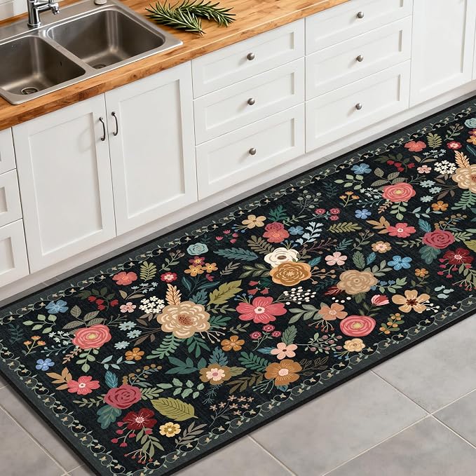 Washable 2' x 6' Runners for Hallways, Non Slip Long Floor Runner for Kitchen, Entryway Indoor, Stain Resistant Rubber Backing Floral Decor Rug (Black)