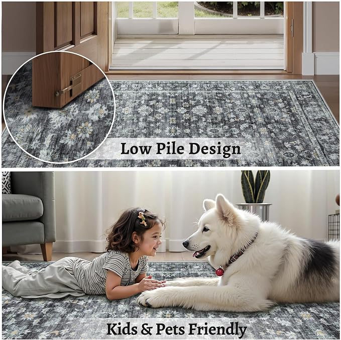 Ciicool Grey Vintage Boho 2x8 Washable Runner Rug Hallway Kitchen Rugs Washable Floral Soft Low Pile Long Carpet Suitable for Entryway Bedroom Laundry Bathroom