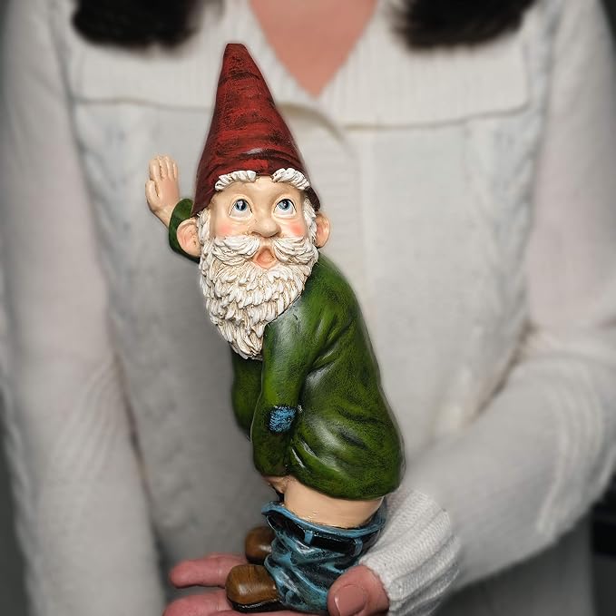 Gnome Statue - 10.3" Tall Polyresin - Willy The Peeing Garden Gnome for Lawn Ornaments, Indoor or Outdoor Decorations - Red and Green Funny Gnomes
