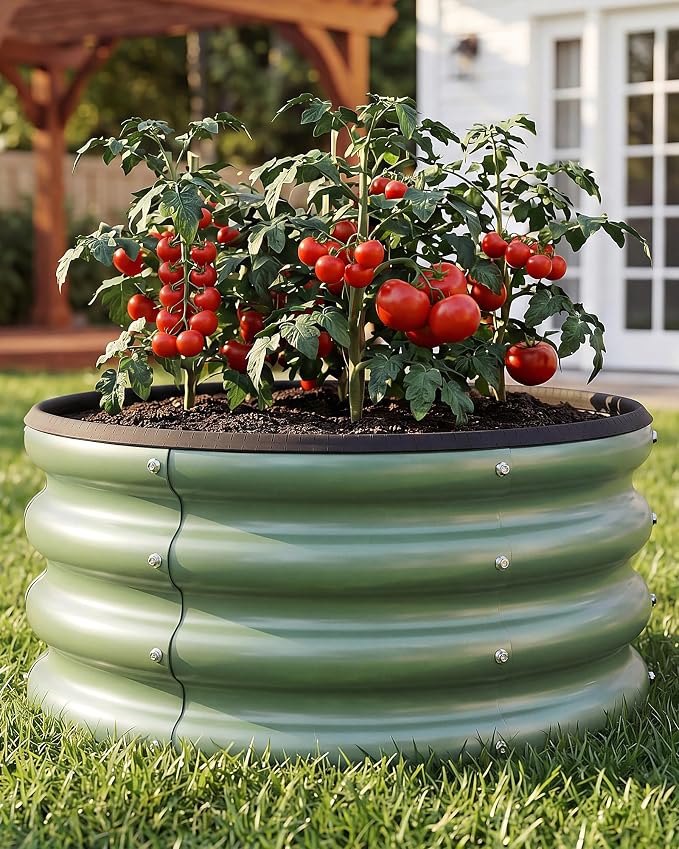 2 x 2 x 1 ft Round Raised Garden Bed, Green 1 Pack 0.6 mm Thick Galvanized Steel Planter Box with Double Layer Paint and Safety Edge Trim for Vegetables Flowers Herbs Outdoor Garden