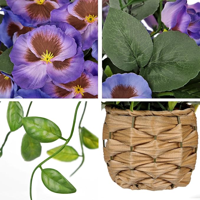 Briful Artificial Pansy Flowers in Baskets, 2PCS Realistic Fake Flowers for Farmhouse Table Decor, All Seasons Faux Indoor Flowers for Home Kitchen Living Room Dining Shelf Decor, Purple