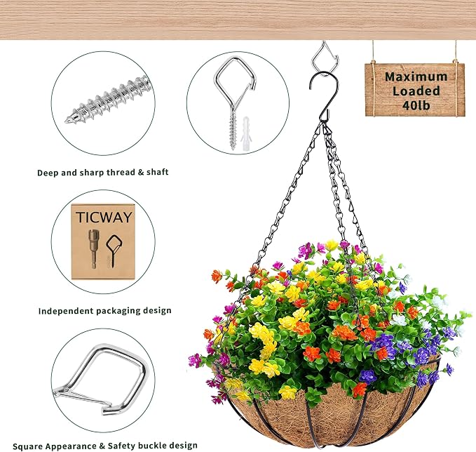 35 PCS 304 Stainless Steel Screw Hooks Kit, Ceiling Hooks for Hanging Plants, String Lights and Wind Chimes, Screw In Hooks with Locking Clip, Outdoor Hanging Hooks with Anchors and Driver Tool