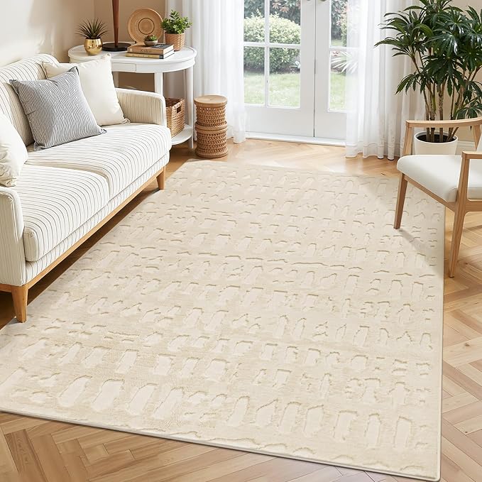 Yamaziot Washable 4x6 Area Rugs for Living Room Textured Non Slip Rug Beige | Modern High-Low Geometric Pattern, Soft Fluffy, Neutral, Minimalist Floor Carpet for Bedroom Dining Room Nursery Kids Room